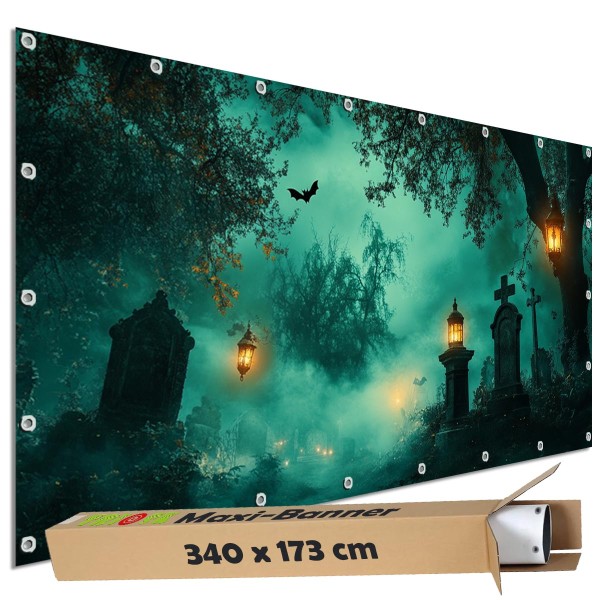 Sichtschutzbanner Halloween "Friedhof Geisterlicht" - 340x173 cm