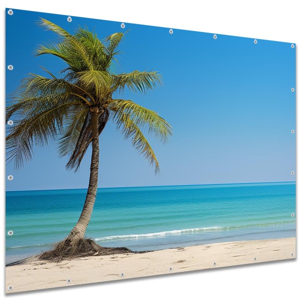 Große Motivplane "Strand Karibikpalme am Meer" Gartenposter Zaun Sichtschutz Zaunbanner, 250x180 cm