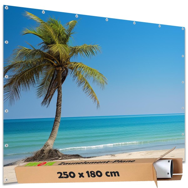 Große Motivplane "Strand Karibikpalme am Meer" Gartenposter Zaun Sichtschutz Zaunbanner, 250x180 cm