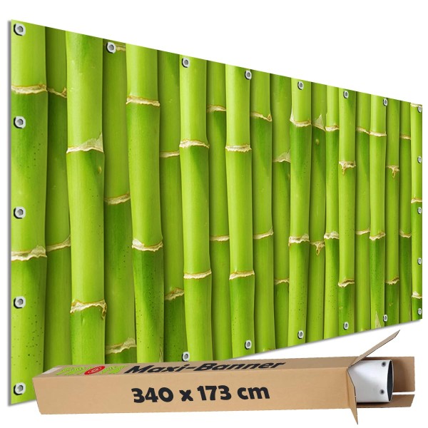Sichtschutzbanner "Bambus Bambuszaun Grün" Outdoor Garten Zaun Deko Motiv Plane, 340x173 cm groß