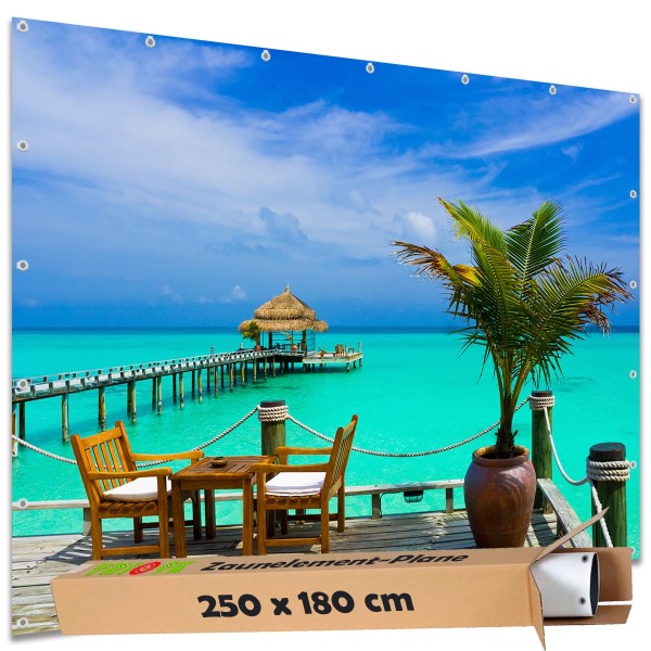 Sichtschutz Garten Zaun Zaunblende Zaunelement Deko Plane Karibik Strand Bar 250x180 cm