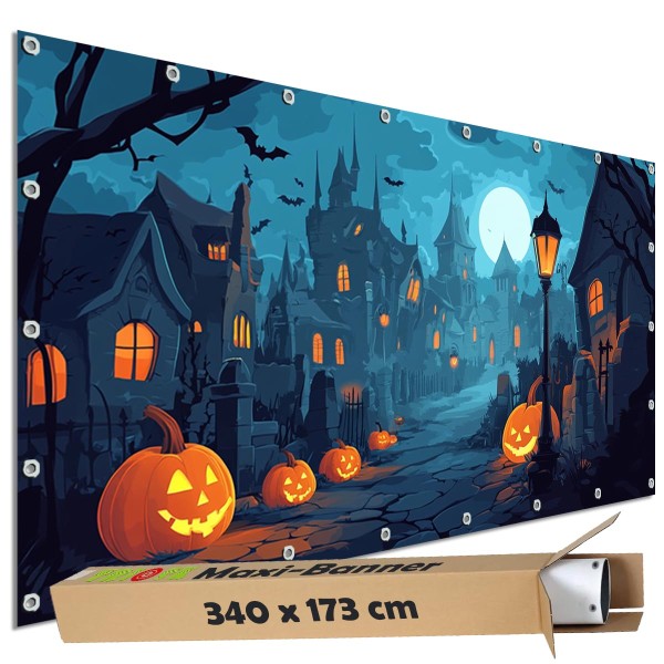 Sichtschutzbanner Halloween "Haus Gespensterdorf Comic" - 340x173 cm