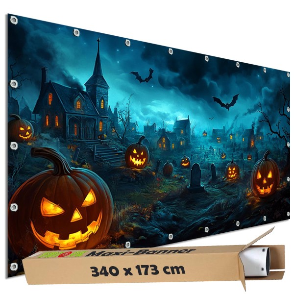 Sichtschutzbanner Halloween "Friedhof Geisterdorf" - 340x173 cm