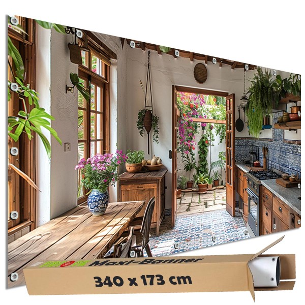 Sichtschutzbanner "Küche Mediterran" Outdoor Garten Zaun Deko Motiv Plane, 340x173 cm groß