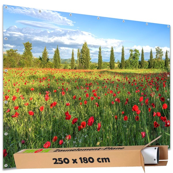 Große Motivplane "Mohnblumen Wiese" Gartenposter Zaun Sichtschutz Zaunbanner, 250x180 cm