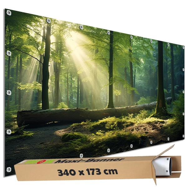 Sichtschutzbanner "Wald Waldlichtung" Outdoor Garten Zaun Deko Motiv Plane, 340x173 cm groß