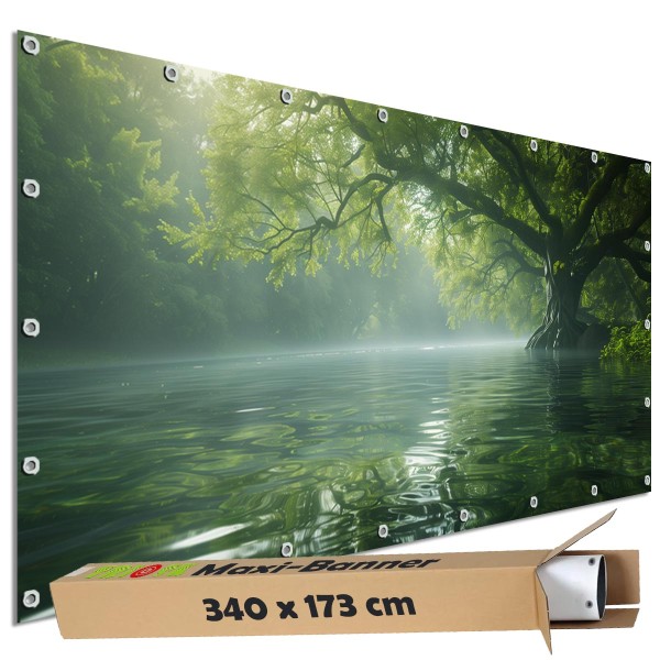 Motivbanner groß "Flussbaum im Nebel" Zaunplane Gartenbanner Zaunsichtschutz, 340x173 cm