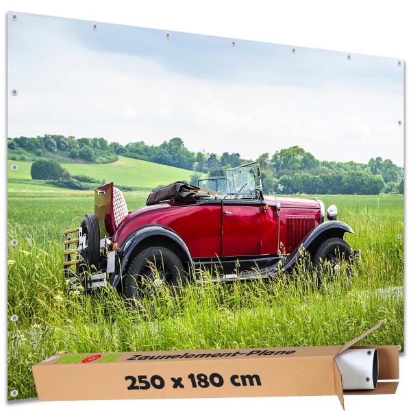 Große Motivplane "Landschaft Oldtimer Tour" Gartenposter Zaun Sichtschutz Zaunbanner, 250x180 cm