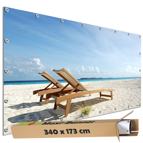 Sichtschutz Garten Zaun Banner Outdoor Deko Motiv Plane Strand Liegestuhl 340x173 cm groß