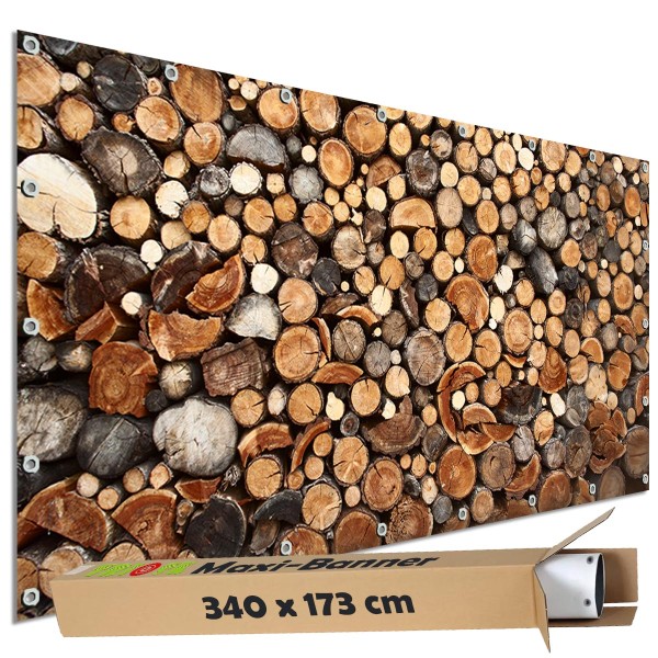 Sichtschutzbanner "Baumstämme Holz Stapel" Outdoor Garten Zaun Deko Motiv Plane, 340x173 cm groß