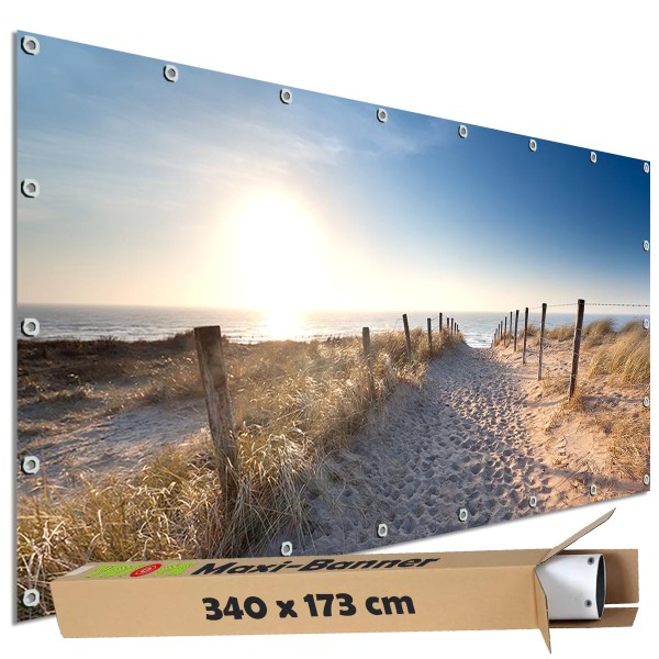 Sichtschutz Garten Zaun Banner Outdoor Deko Motiv Plane Strandweg Spuren im Sand 340x173 cm groß