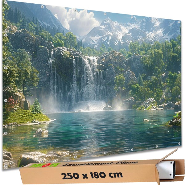 Sichtschutz Garten Zaun Zaunblende Zaunelement Deko Plane Wasserfall Schweizer Alpen 250x180 cm