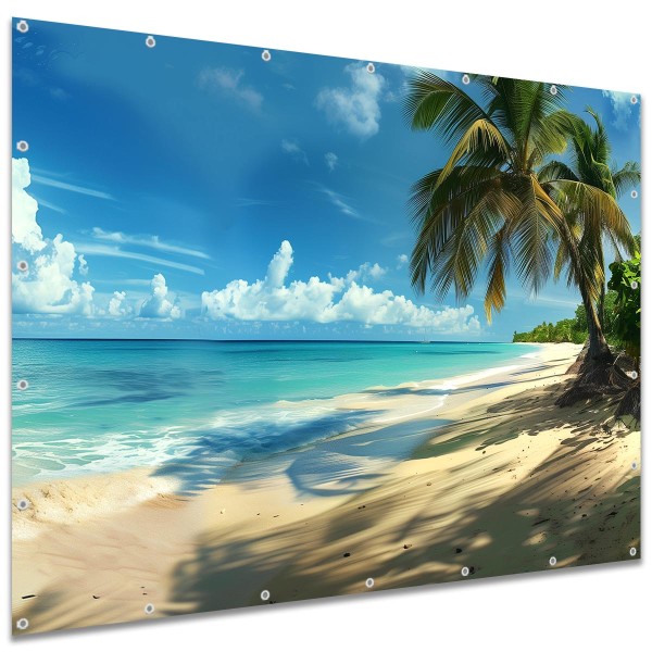 Große Motivplane "Karibikstrand Palmen" Gartenposter Zaun Sichtschutz Zaunbanner, 250x180 cm