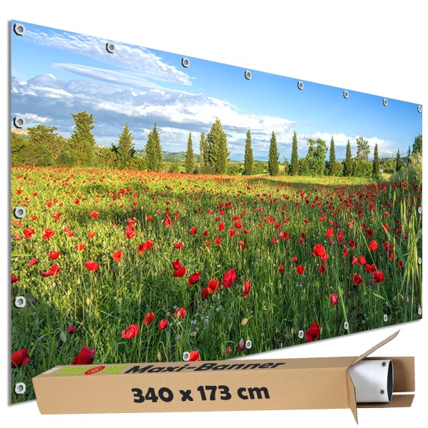 Motivbanner groß "Mohnblumen Wiese" Zaunplane Gartenbanner Zaunsichtschutz, 340x173 cm