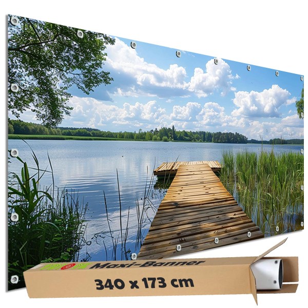 Motivbanner groß "Holzweg Steg Schilfsee" Zaunplane Gartenbanner Zaunsichtschutz, 340x173 cm