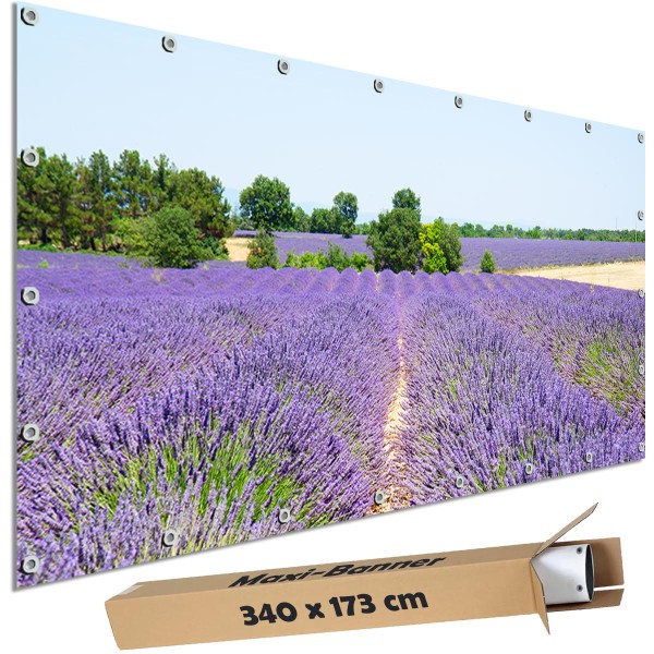 Sichtschutzbanner "Lavendelfeld" Outdoor Garten Zaun Deko Motiv Plane, 340x173 cm groß