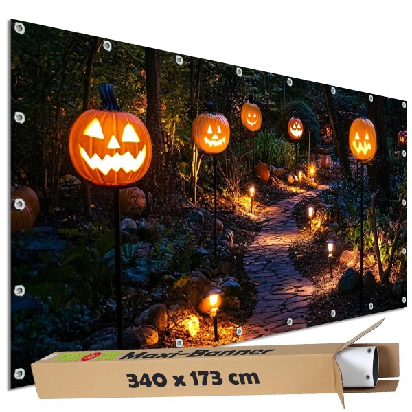 Sichtschutzbanner Halloween "Kürbis Weg Spießgesellen" - 340x173 cm