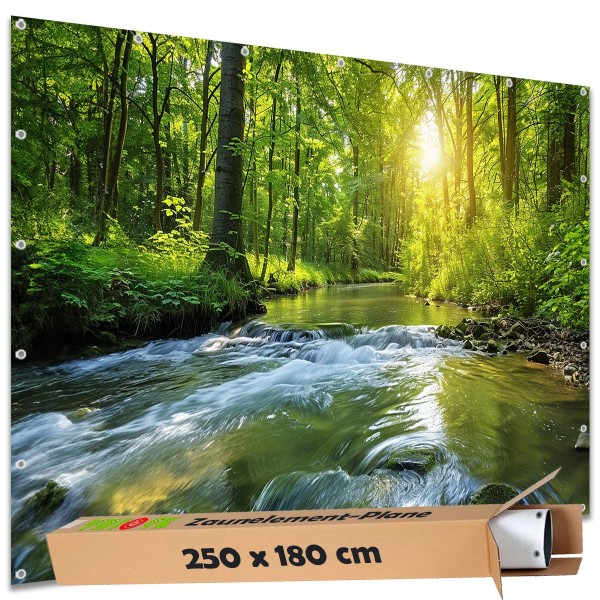 Sichtschutz Garten Zaun Zaunblende Zaunelement Deko Plane Wald Waldbach 250x180 cm