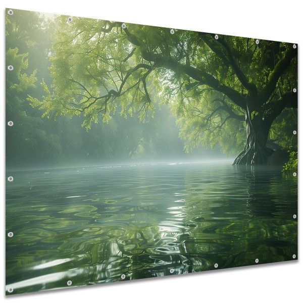 Große Motivplane "Flussbaum im Nebel" Gartenposter Zaun Sichtschutz Zaunbanner, 250x180 cm