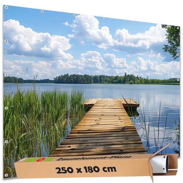 Sichtschutz Garten Zaun Zaunblende Zaunelement Deko Plane See Holzsteg 250x180 cm