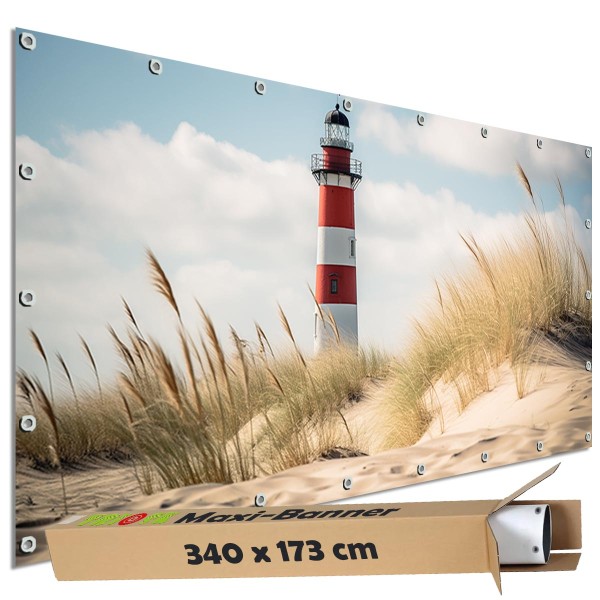 Sichtschutz Garten Zaun Banner Outdoor Deko Motiv Plane Leuchtturm Strand Düne 340x173 cm groß