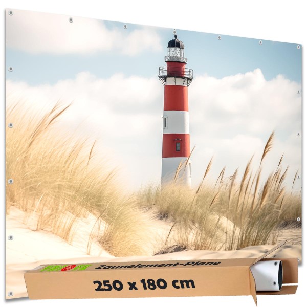 Große Motivplane "Leuchtturm Dünenwind" Gartenposter Zaun Sichtschutz Zaunbanner, 250x180 cm