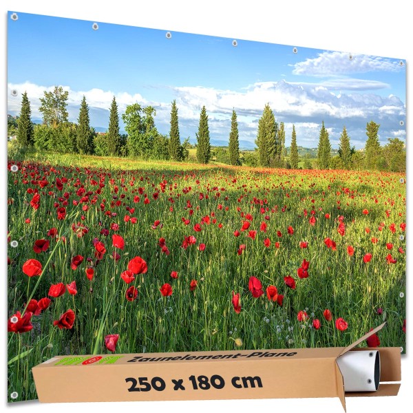 Sichtschutz Garten Zaun Zaunblende Zaunelement Deko Plane Mohnblumenfeld 250x180 cm