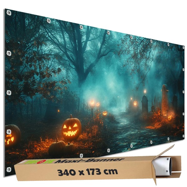 Sichtschutzbanner Halloween "Friedhof Geisternebel" - 340x173 cm