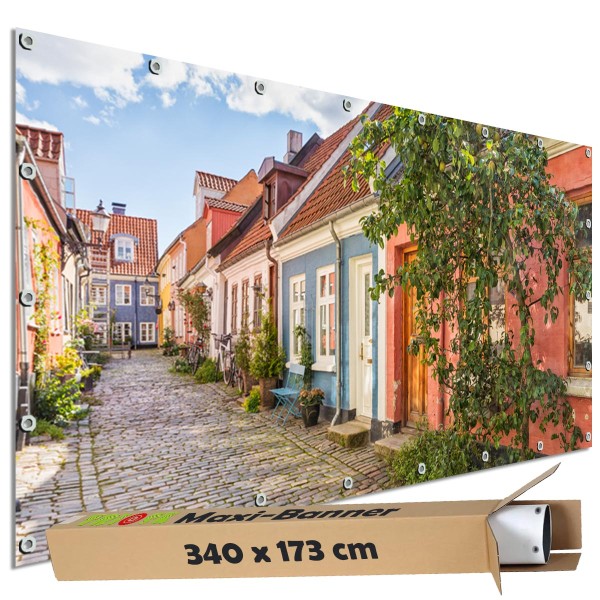 Sichtschutz Garten Zaun Banner Outdoor Deko Motiv Plane Aalborg Altstadt Gasse 340x173 cm groß