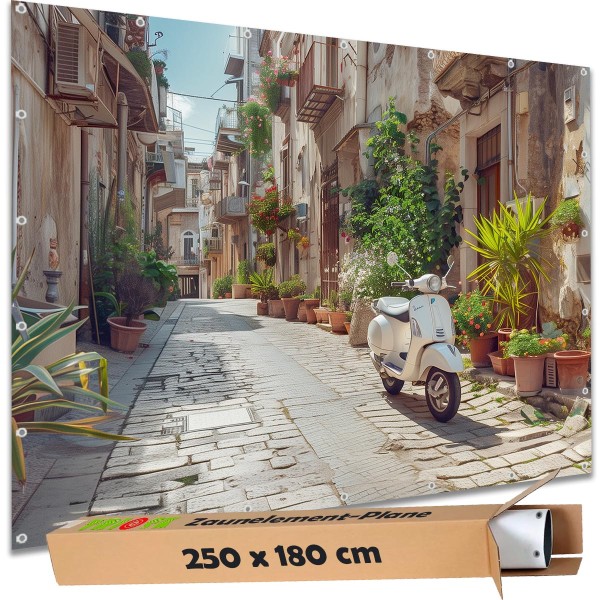 Sichtschutz Garten Zaun Zaunblende Zaunelement Deko Plane Italien Gasse Motorroller 250x180 cm