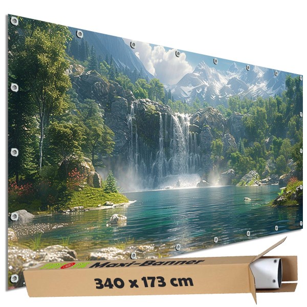 Sichtschutz Garten Zaun Banner Outdoor Deko Motiv Plane Wasserfall Alpen Schweiz 340x173 cm groß