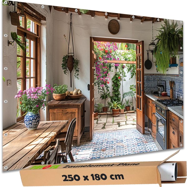 Sichtschutzplane "Küche Mediterran" Zaunplane Garten Zaun Deko Zaunelement, 250x180 cm groß