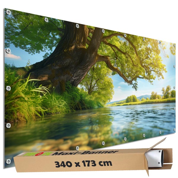 Sichtschutz Garten Zaun Banner Outdoor Deko Motiv Plane Sonnenbaum am Flussufer 340x173 cm groß