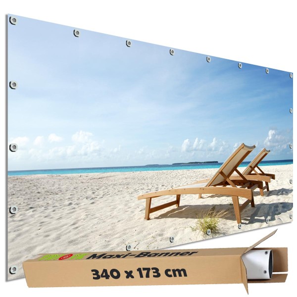 Motivbanner groß "Strand Liegestühle am Meer" Zaunplane Gartenbanner Zaunsichtschutz, 340x173 cm