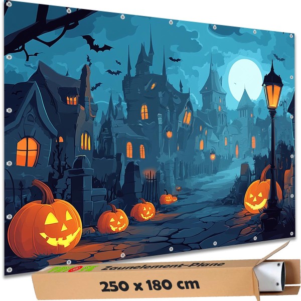 Sichtschutzbanner Halloween "Haus Gespensterdorf Comic" - 250x180 cm