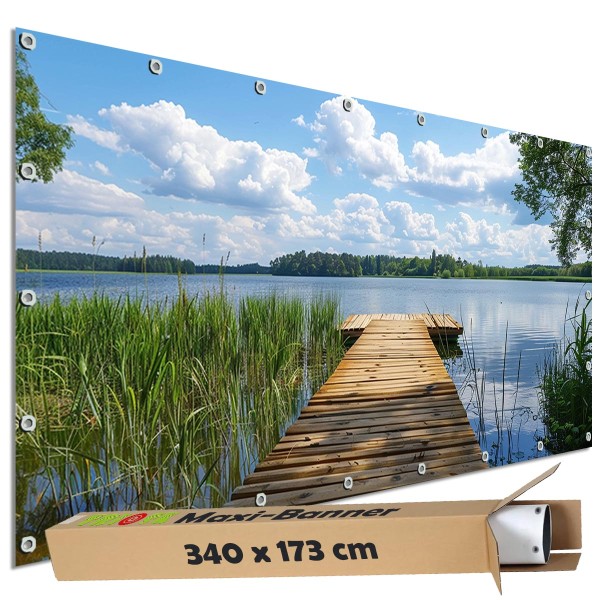 Sichtschutzbanner "See Holzsteg" Outdoor Garten Zaun Deko Motiv Plane, 340x173 cm groß