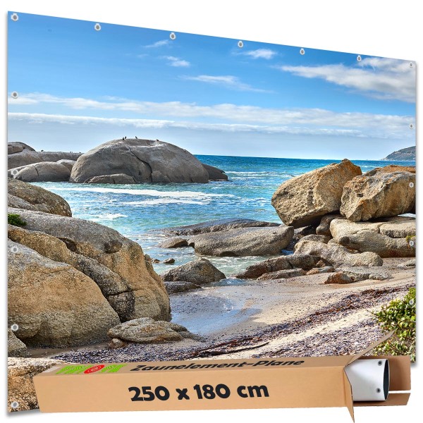 Große Motivplane "Felsen Meerbucht Südafrika" Gartenposter Zaun Sichtschutz Zaunbanner, 250x180 cm