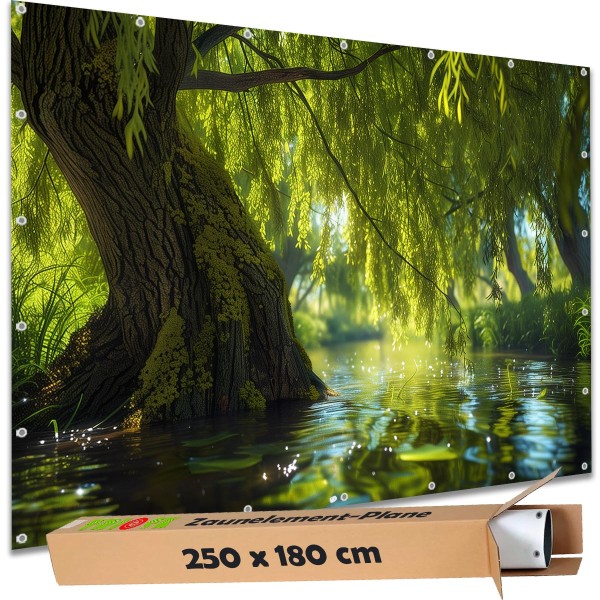 Sichtschutz Garten Zaun Zaunblende Zaunelement Deko Plane Weidenbaum im Fluss 250x180 cm