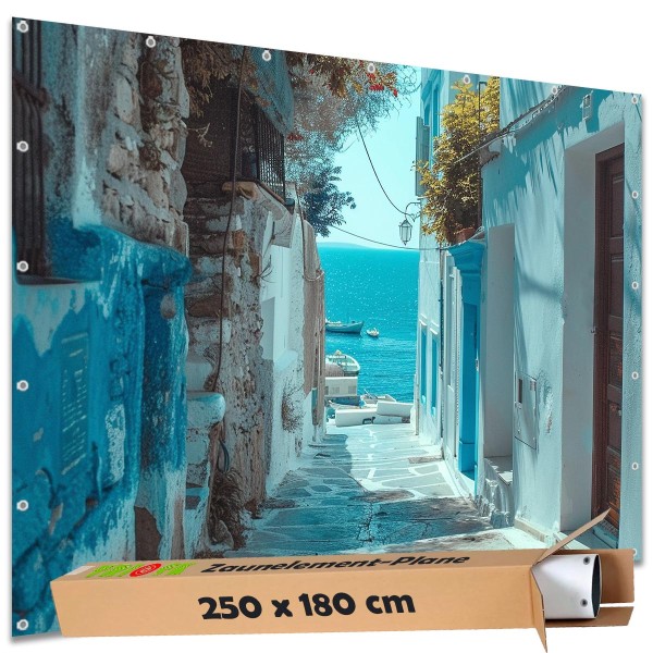 Sichtschutz Garten Zaun Zaunblende Zaunelement Deko Plane Griechenland Blaue Gasse Meer 250x180 cm