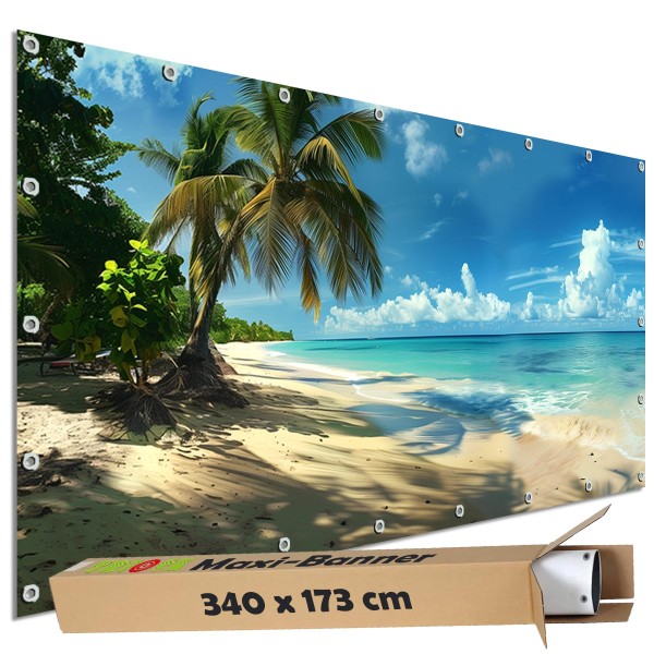 Sichtschutzbanner "Strand Karibik Urlaub" Outdoor Garten Zaun Deko Motiv Plane, 340x173 cm groß