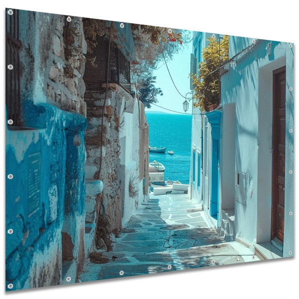 Sichtschutzplane "Griechenland Blaue Gasse Meer" Zaunplane Garten Zaun Deko Zaunelement, 250x180 cm