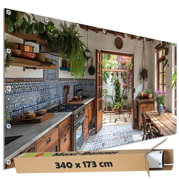 Motivbanner groß "Spanische Gartenküche" Zaunplane Gartenbanner Zaunsichtschutz, 340x173 cm