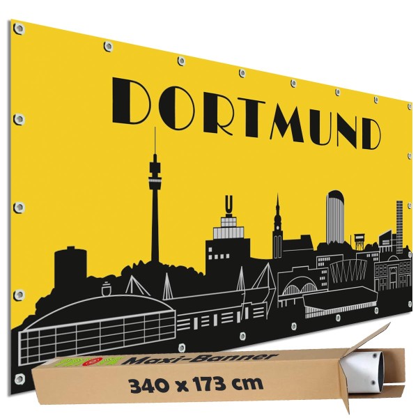 Sichtschutzbanner "Dortmund Skyline" Outdoor Garten Zaun Deko Motiv Plane, 340x173 cm groß