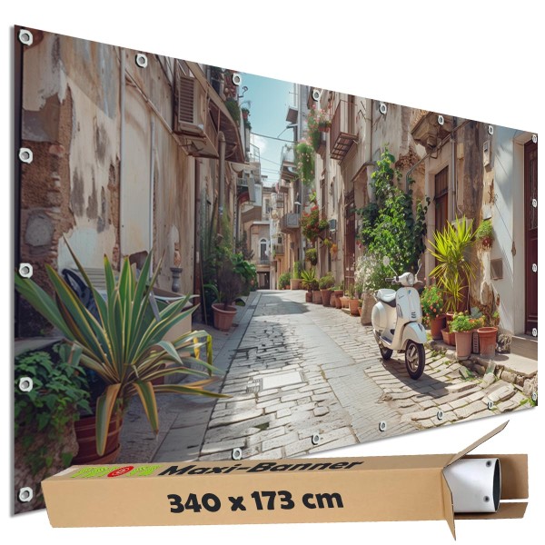 Sichtschutz Garten Zaun Banner Outdoor Deko Motiv Plane Italien Gasse Motorroller 340x173 cm groß