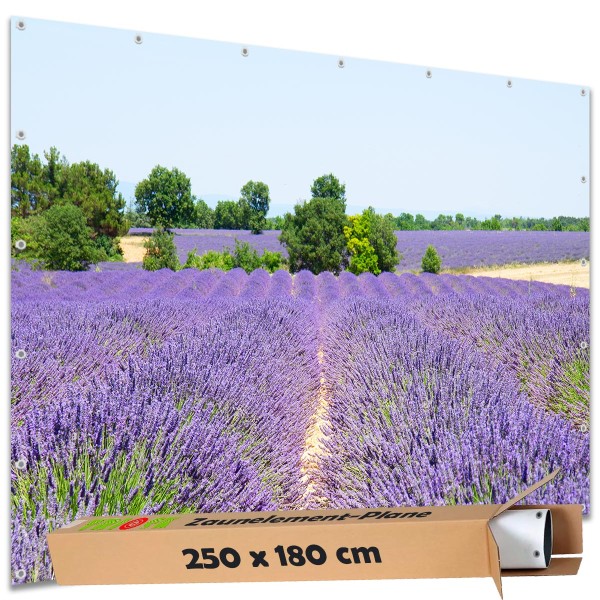 Große Motivplane "Lavendel Blütenfeld" Gartenposter Zaun Sichtschutz Zaunbanner, 250x180 cm