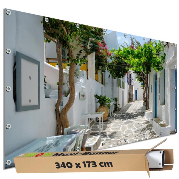 Sichtschutz Garten Zaun Banner Outdoor Deko Motiv Plane Griechenland Naousa Gasse 340x173 cm groß