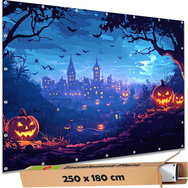 Sichtschutzbanner Halloween "Haus Kürbisstadt Aussicht" - 250x180 cm