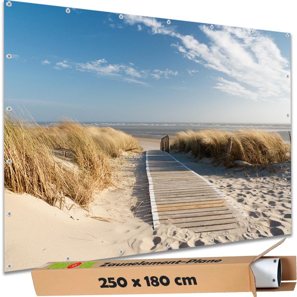 Große Motivplane "Dünenweg Langeoog Strand" Gartenposter Zaun Sichtschutz Zaunbanner, 250x180 cm