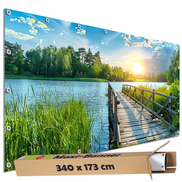 Sichtschutz Garten Zaun Banner Outdoor Deko Motiv Plane See Brückensteg 340x173 cm groß