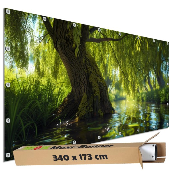 Sichtschutz Garten Zaun Banner Outdoor Deko Motiv Plane Weidenbaum im Fluss 340x173 cm groß